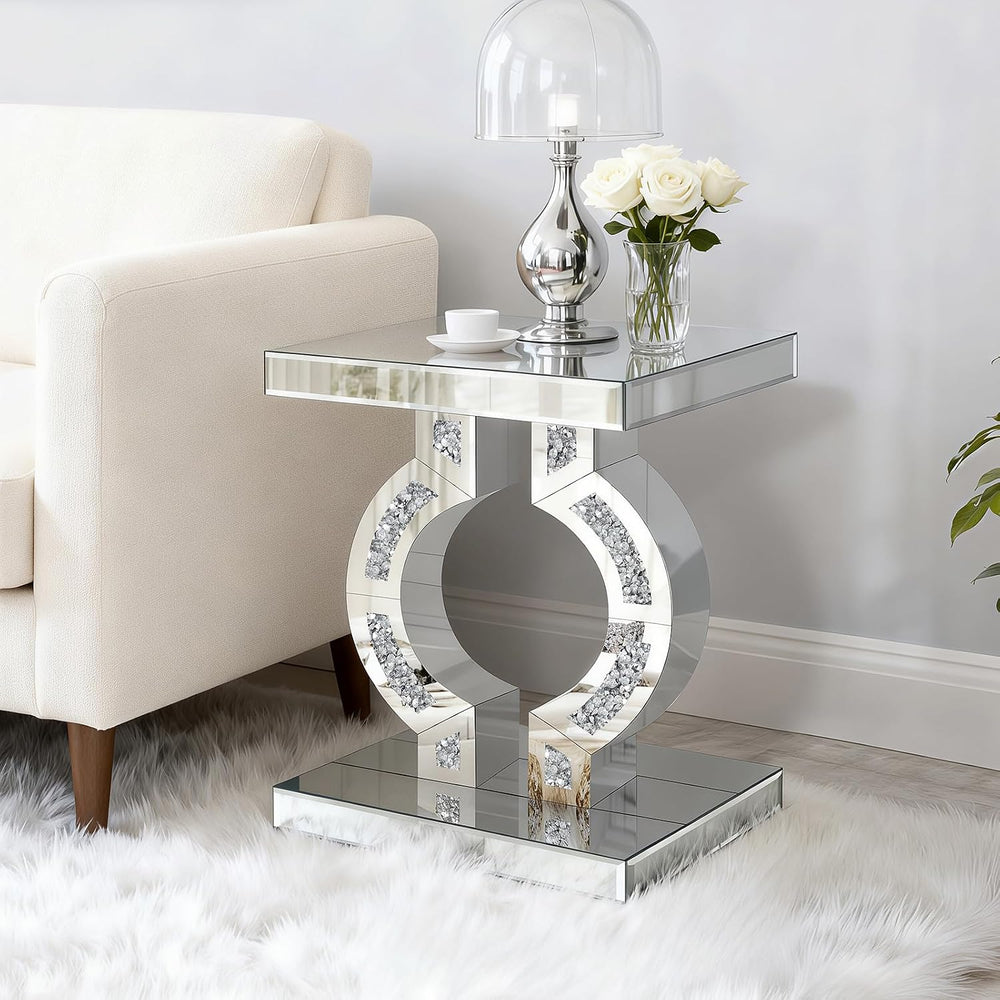 Crushed Diamond Mirrored End Table, Silver Side Accent Table, Small Mirrored ...