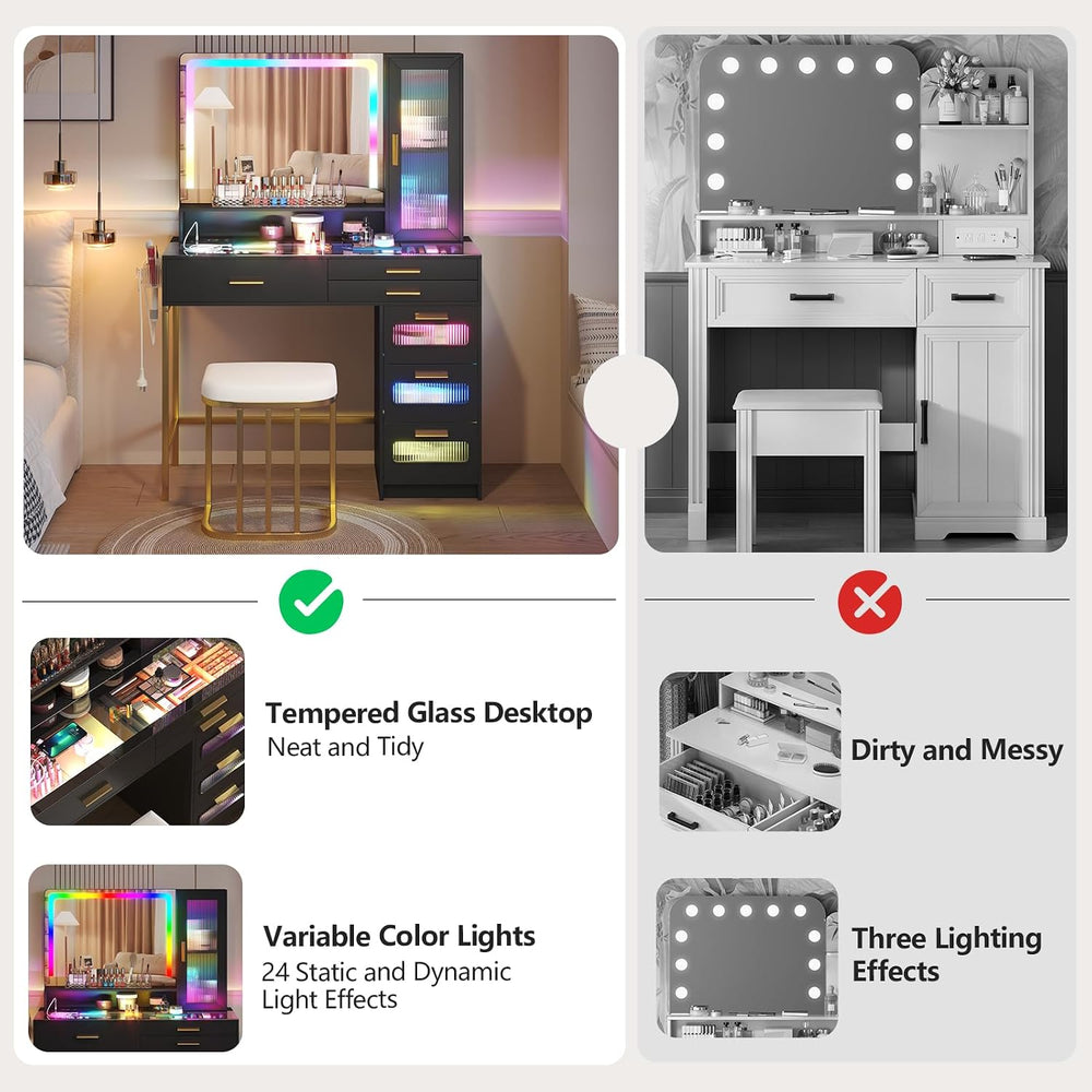 Vanity Desk with RGB LED Mirror, Glass Top and 6 Drawers - Black | SKKTKT Mak...
