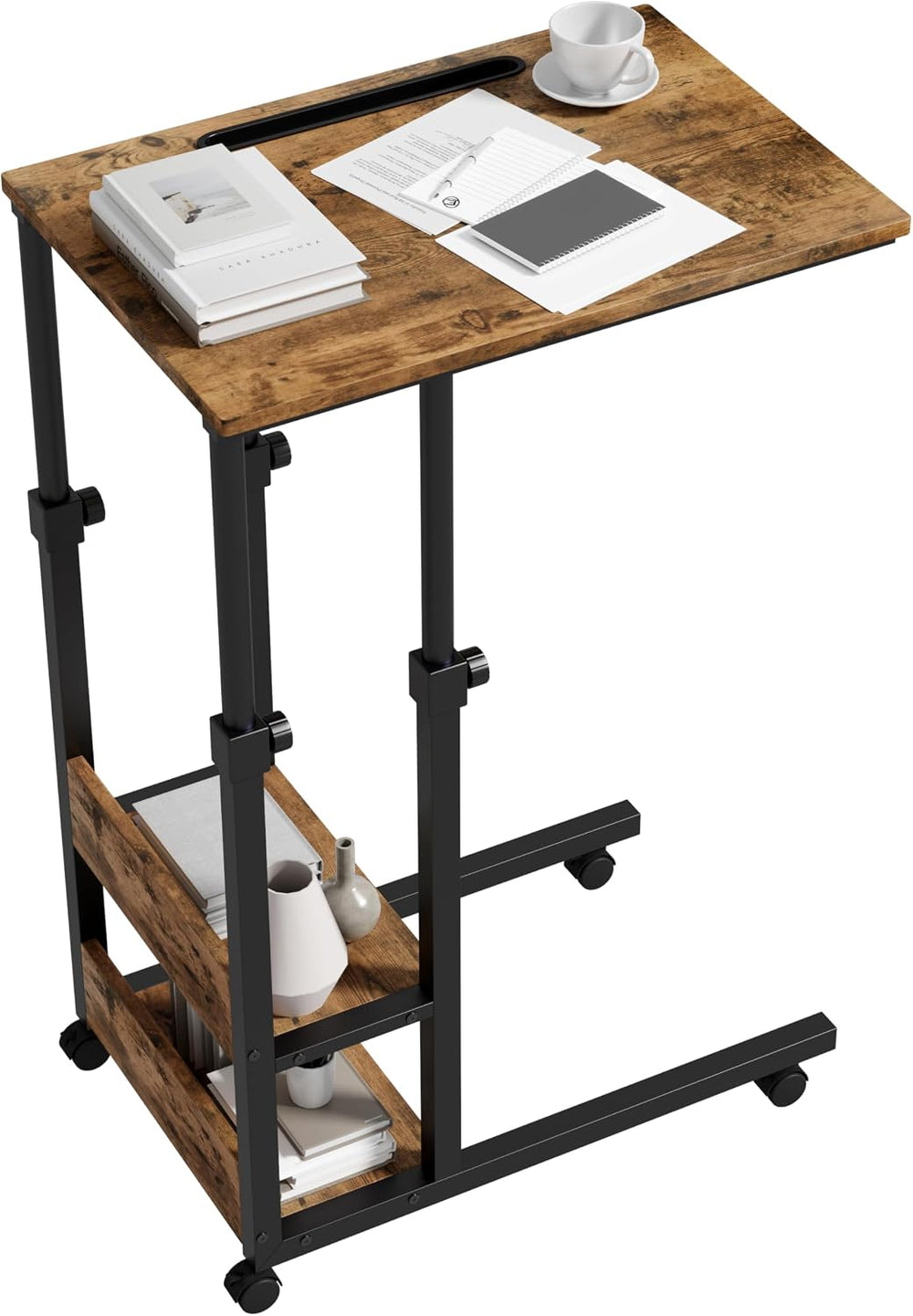 Gyfimoie C-Shaped End Table with Wheels, Side Table Adjustable Height, TV Tra...