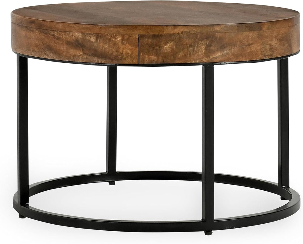 32" Natural Grain Side Coffee Table, Small Nesting Tables with Sturdy Ir...