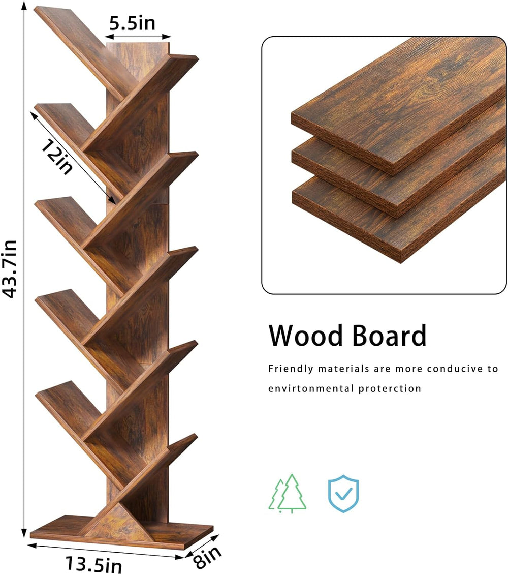 SHEEPAM 10 Tier Tree Book Shelf, Floor Standing Wood Bookshelf for Narrow Spa...