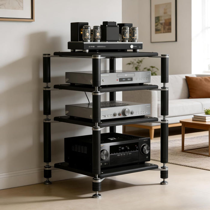 Heavy Duty AV Media Stand, AV Component Stand with Stainless Steel Bracket, Stereo Component Rack, Suitable for Living Rooms, Offices and Recording Studios (Black, 4-Tiers)