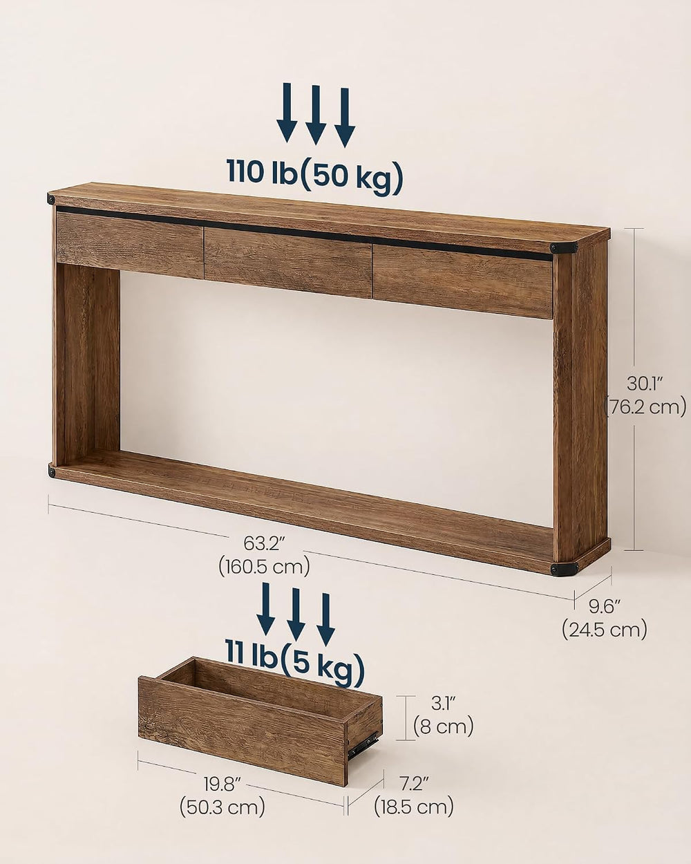 SONGMICS HOME 63.2" Console Table with 3 Drawers and Bottom Shelf | Narr...