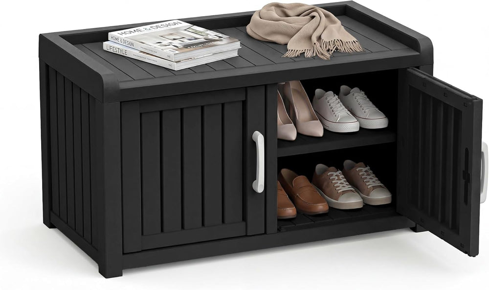 2-Tier Storage Bench, Waterproof UV-Resistant Outdoor Shoe Storage Cabinet ,O...