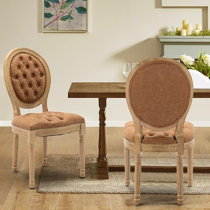 PU Leather Upholstered Dining Chairs Set of 2 French Country Round Back Kitch...