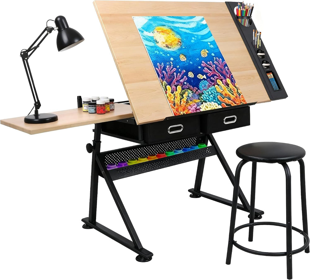 JupiterForce Drafting Table Art Desk with 2 Storage Drawers, Height Adjustabl...