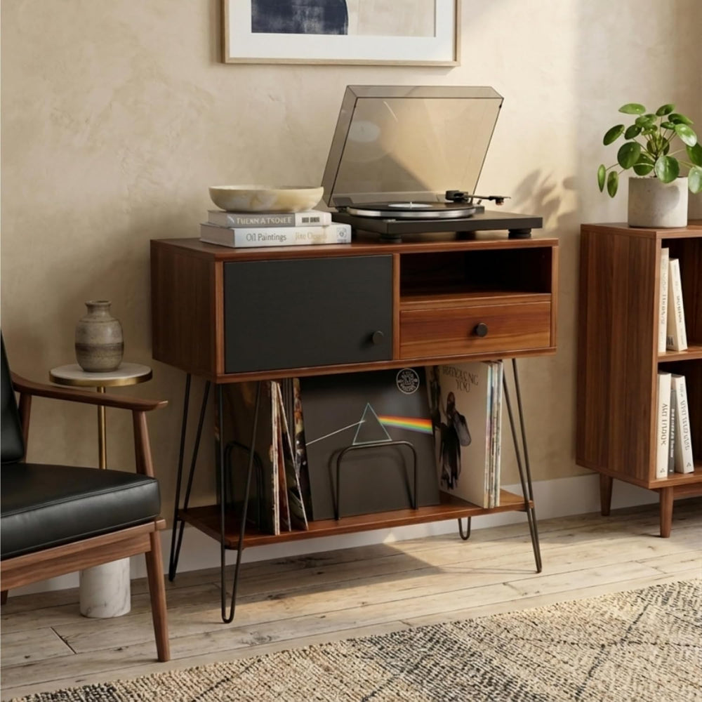Large Record Player Stand with Vinyl Storage Holds Up to 200 Albums - Mid-Cen...