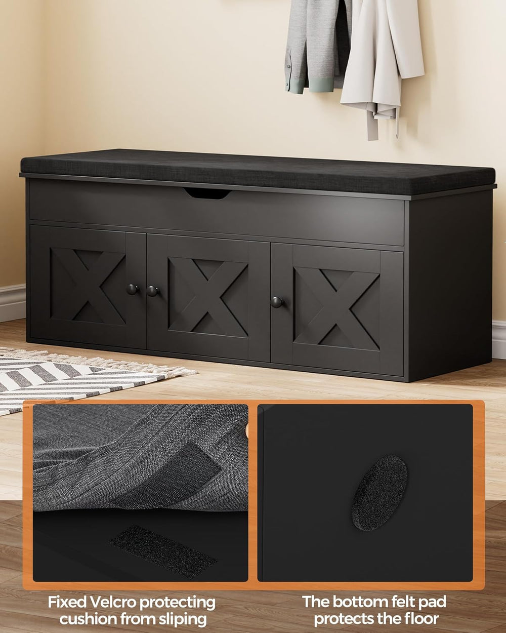 Homleke Shoe Storage Bench with Lift Top & 3 Barn Doors, Entryway Bench w...