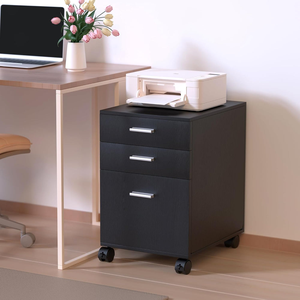 3 Drawer Storage Cabinet,Preassembled Black Wooden Organizer for Files,Under ...