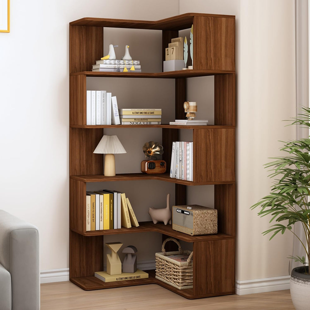 IOTXY 6-Tier L-Shaped Corner Bookshelf, 66-Inch Tall Bookcase, Walnut