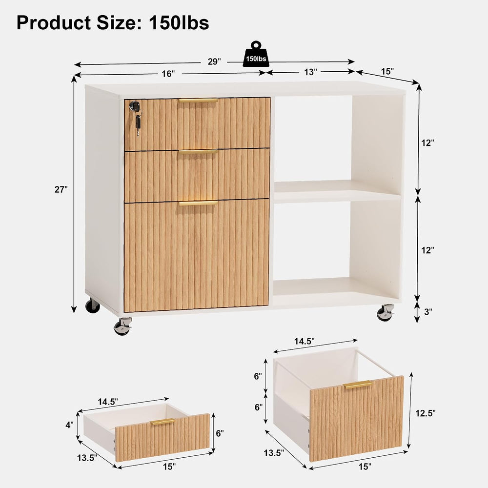 INNOD 3 Drawer Fluted Mobile Filing Cabinet with Lock, Lateral Rolling Under ...