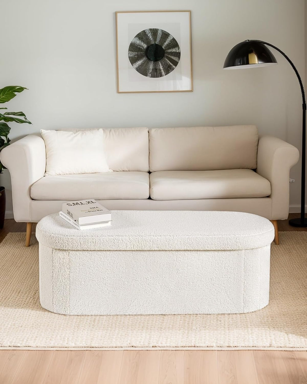 43.3 Inches Foldable Storage Ottoman Bench, Oval Footrest | Teddy Boucle Fabr...