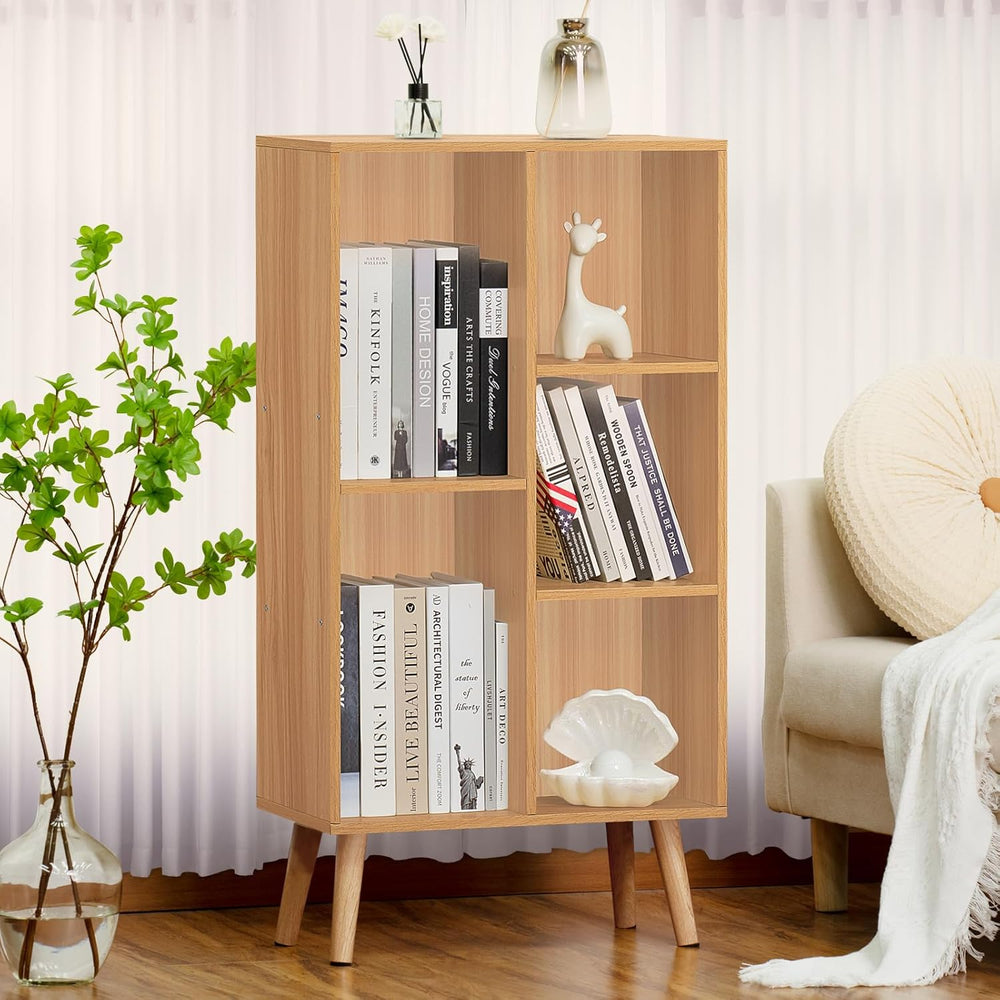 LEYAOYAO Wooden 5 Cube Bookshelf, Natural 3 Tier Book Shelf with Legs, Modern...