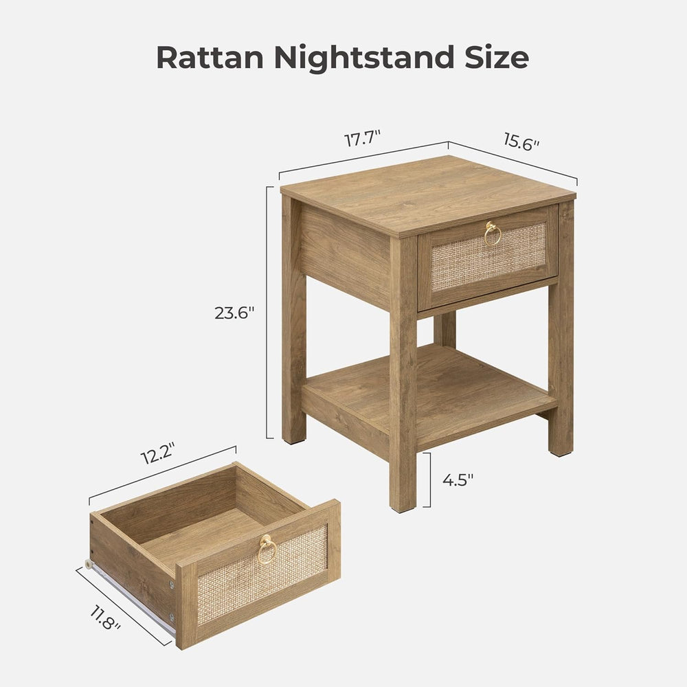 SICOTAS Rattan Nightstand Set of 2 with Storage Shelf, Boho Bedside Tables