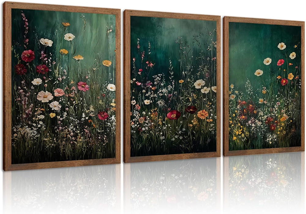 Wow NEW ART Vintage Wildflower Wall Art canvas Set of 3 12x16in Wood Frame
