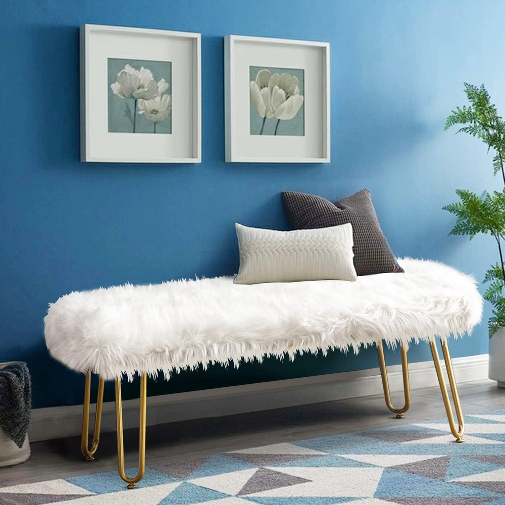 White Faux Fur Ottoman Bench Upholstered Furry Entryway Bedroom Bench with Go...
