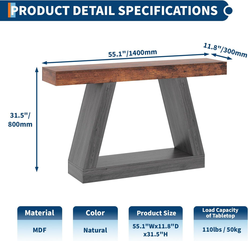 55in Farmhouse Console Table - 2-Tier Wooden Trapezium Sofa Table - Skinny En...