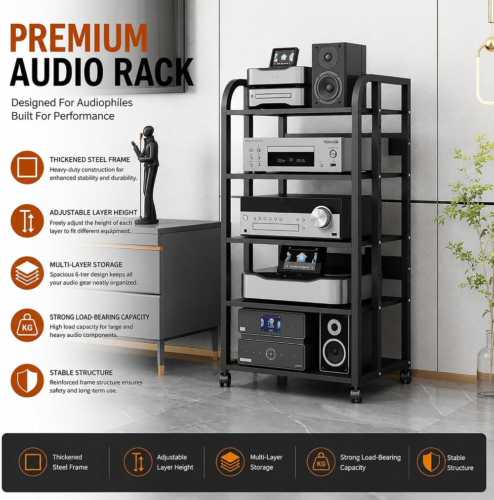 5 Tier Av Media Stand with Wheels, 39in Adjustable Audio Rack | Modern Stereo...