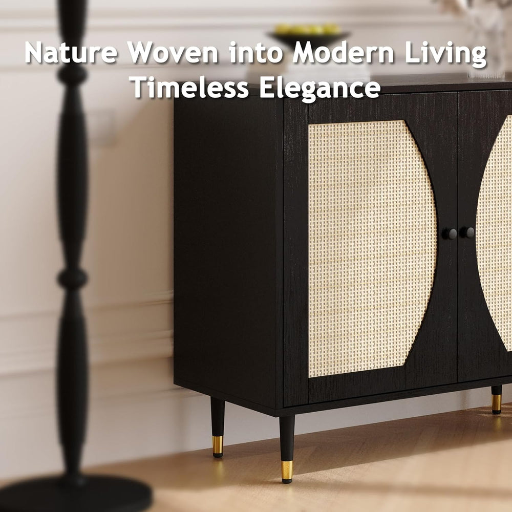 4ever2buy Rattan Buffet Cabinet with Storage, Black Sideboard Cabinet with Ra...
