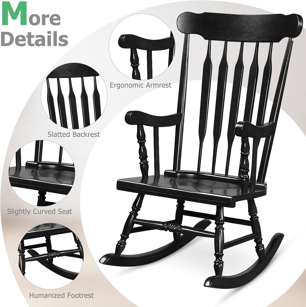 Tangkula Patio Rocking Chair, Solid Rubber Wood Frame, Black, 1 Pack