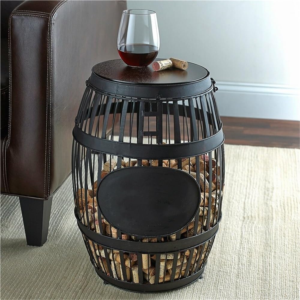 Metal Barrel Side Table with Storage, Wine Cork Holder Display, Whiskey Barre...