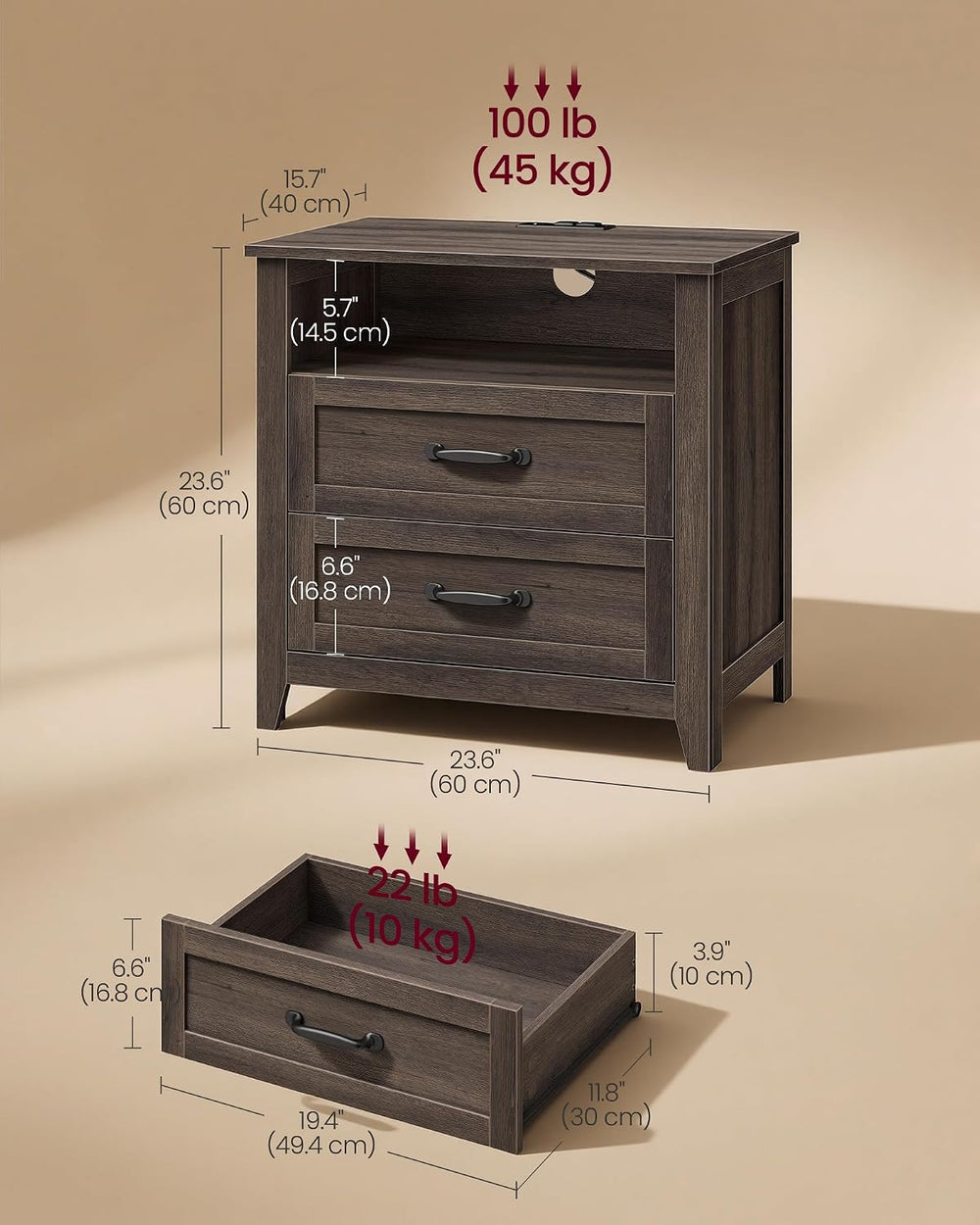 VASAGLE 23.6 inch Farmhouse Nightstands Set 2, Charging Station, 2 Drawers