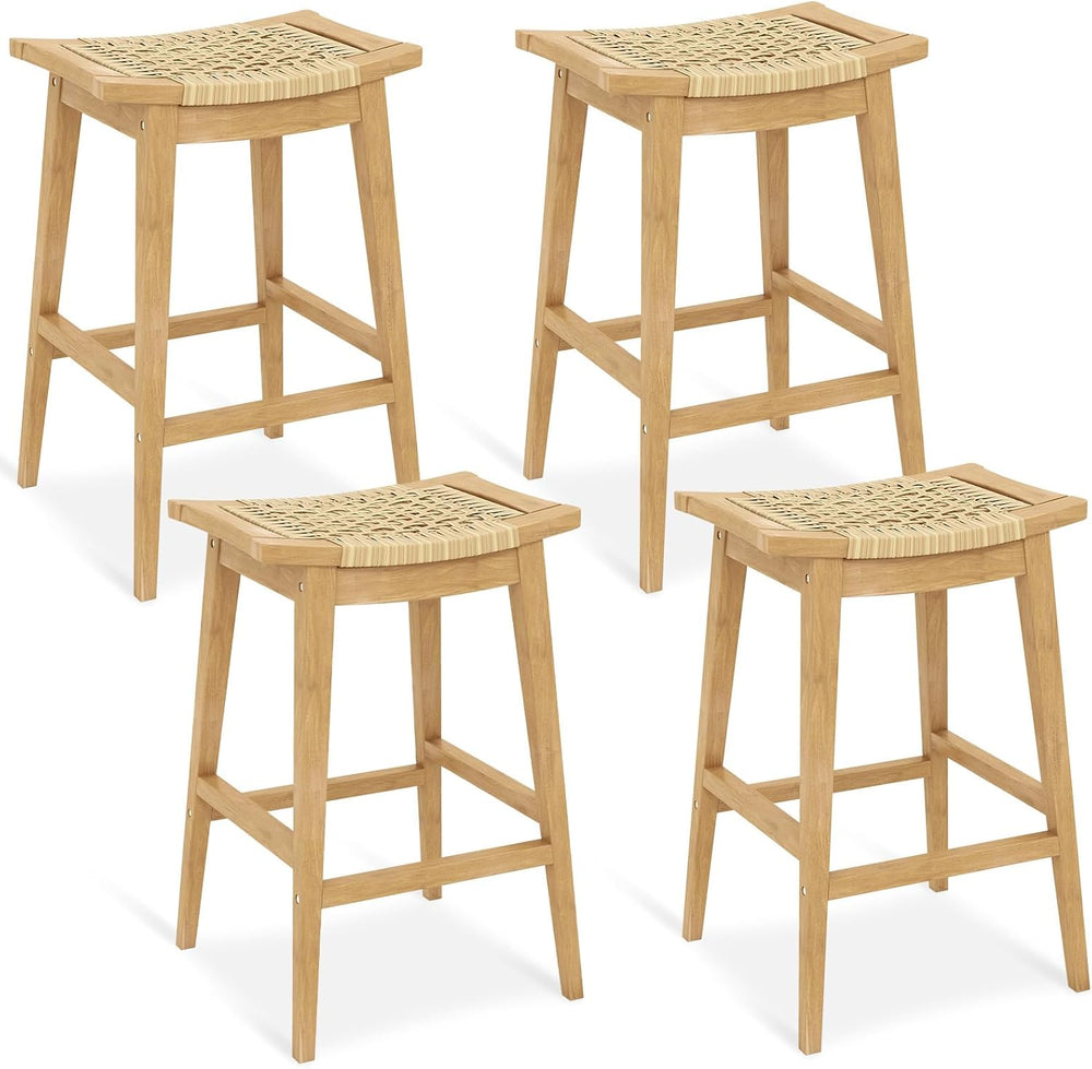 Tangkula Wood Bar Stool Set of 4, 29” Patio Rattan Acacia Barstool with Footr...