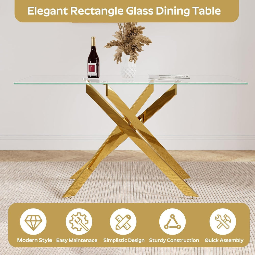 Glass Dining Table for 4-6, Contemporary Rectangular Dining Room Table with T...