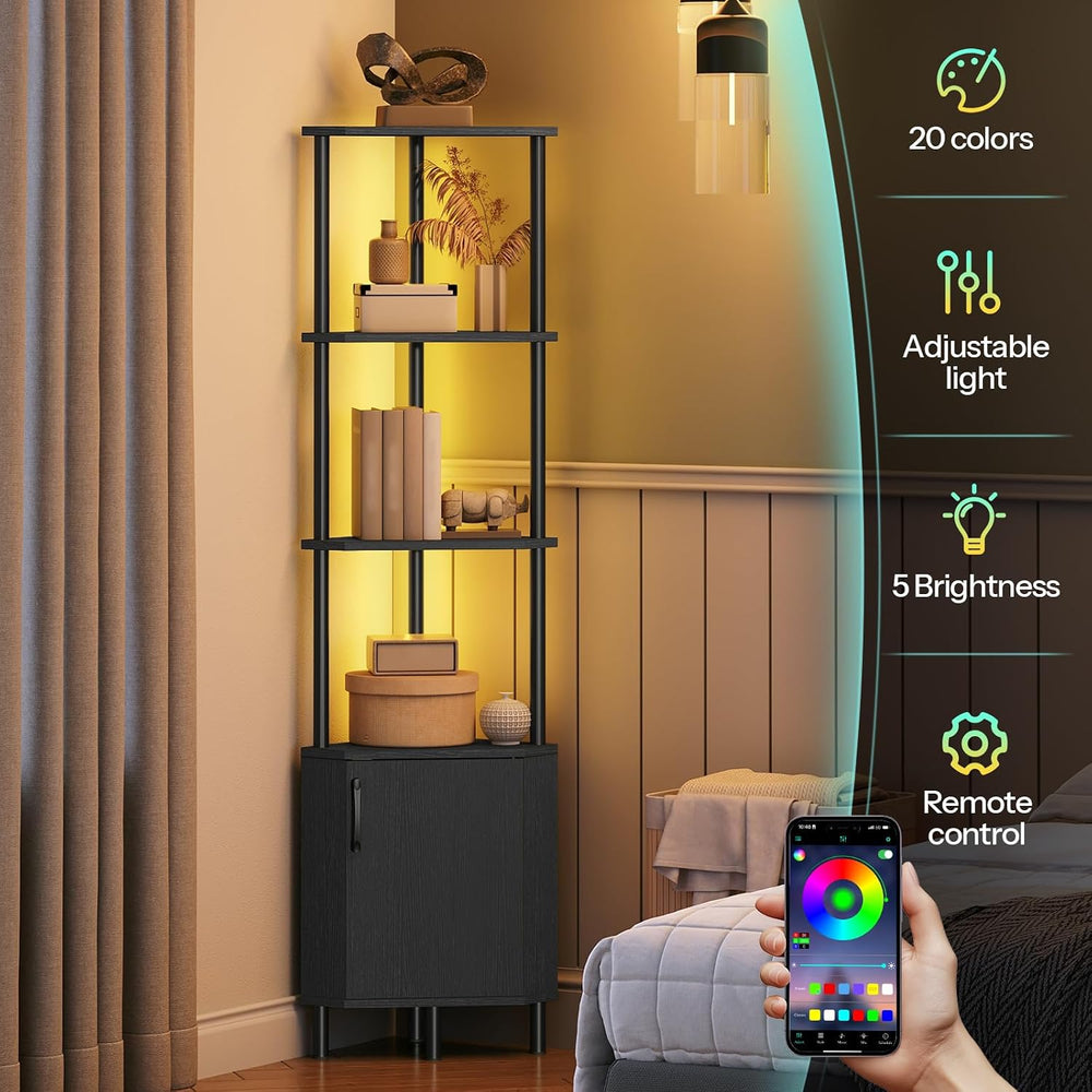HOOBRO Corner Cabinet with LED Light, Corner Shelf Stand with Storage and Doo...