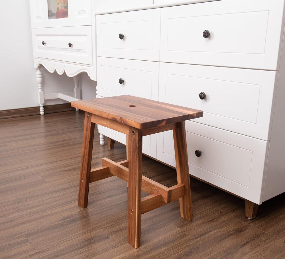18-Inch Rectangular Acacia Wood Stool, Small Bench, Natural Wood
