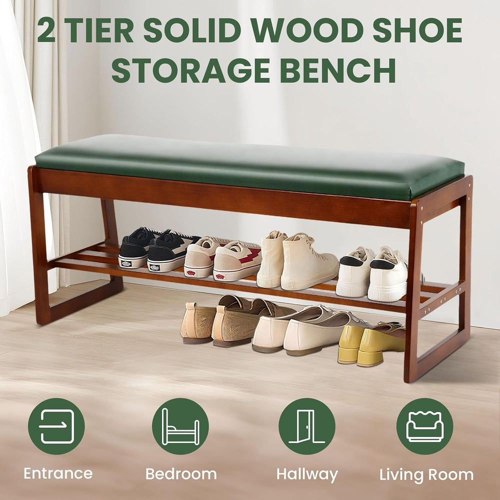 FAHKNS Shoe Bench with Leather Cushion 2 Tiers Shoe Rack 39.4" Rubberwoo...