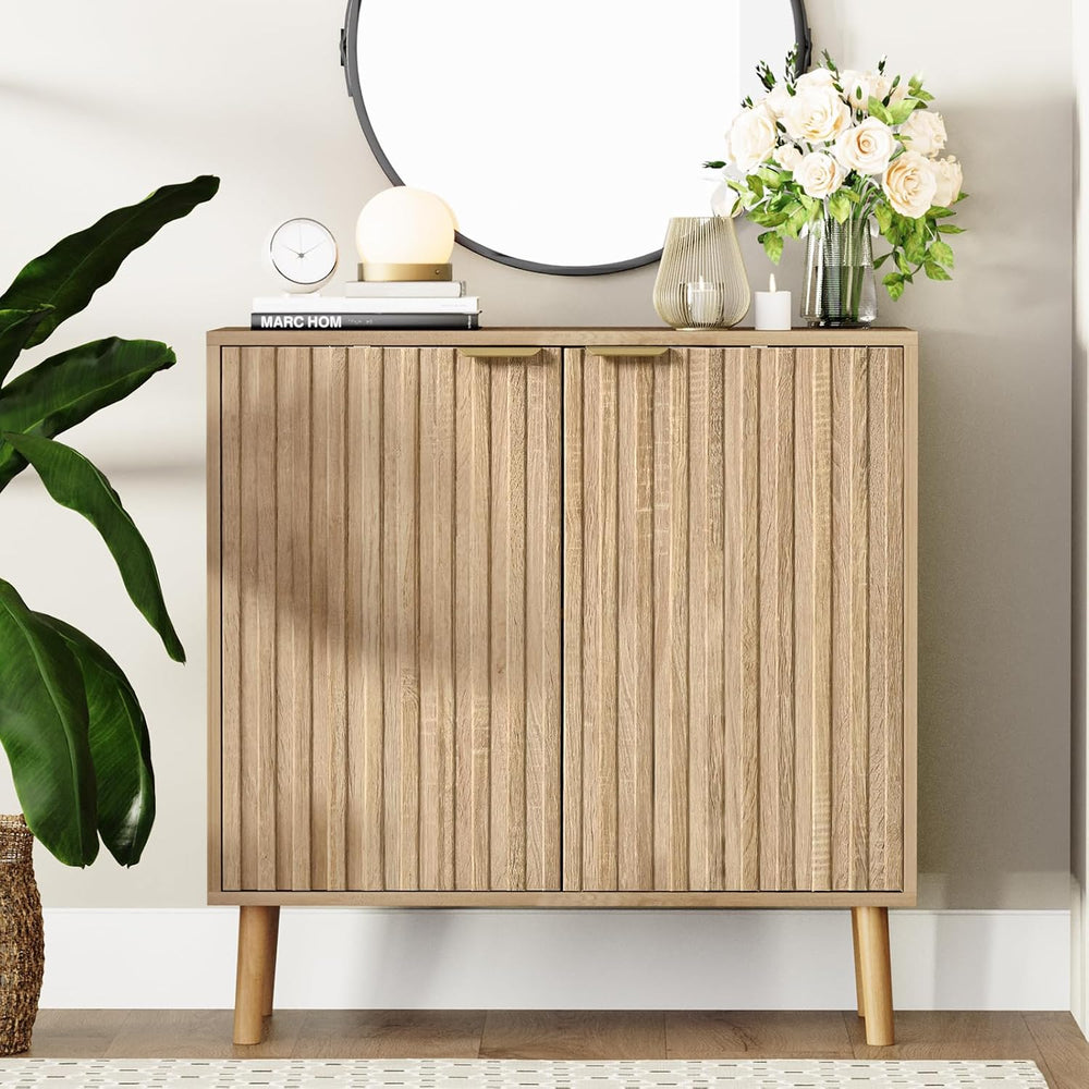 Vrullu Fluted Storage Cabinet, Free Standing Buffet, Wood Sideboard, Multifun...