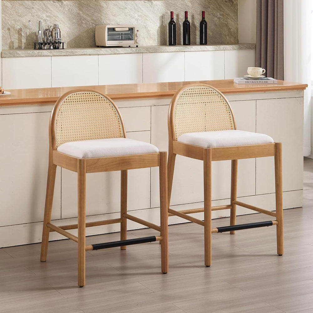 HEAH-YO Rattan Bar Stools Set of 2, 26 Inch Wood Counter Stools with Bakcrest...