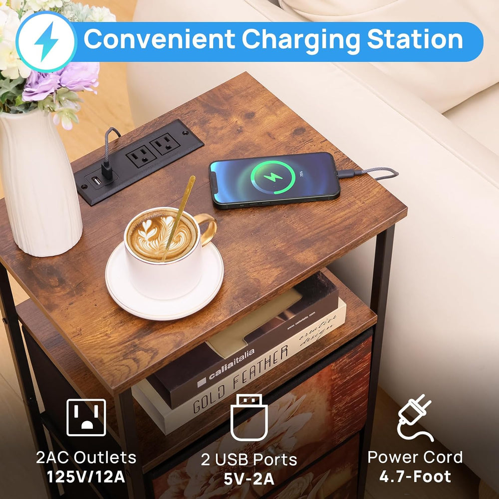 ALBAD Nightstand with Charging Station and LED Lights, Brown Flower Drawers |...