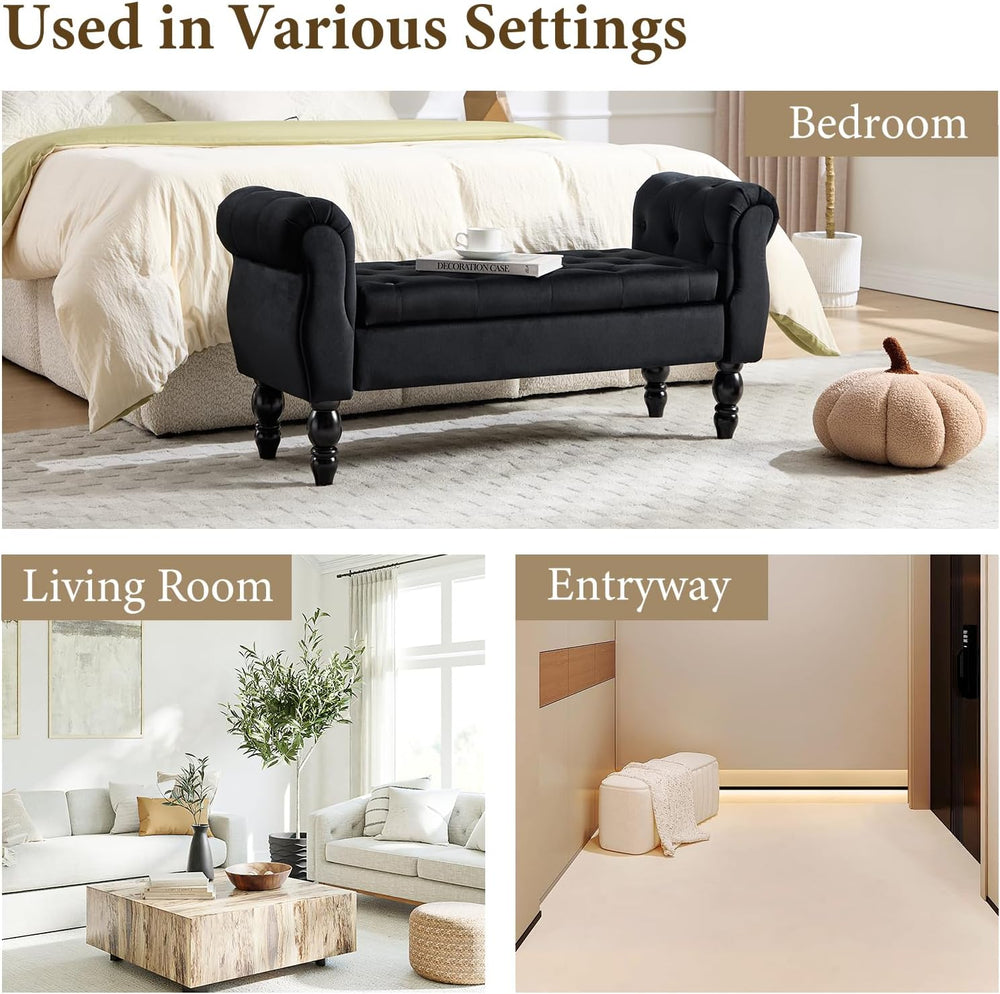 47″ Storage Bench with Arms End of Bed Bench,Velvet Entryway Bench with Stora...