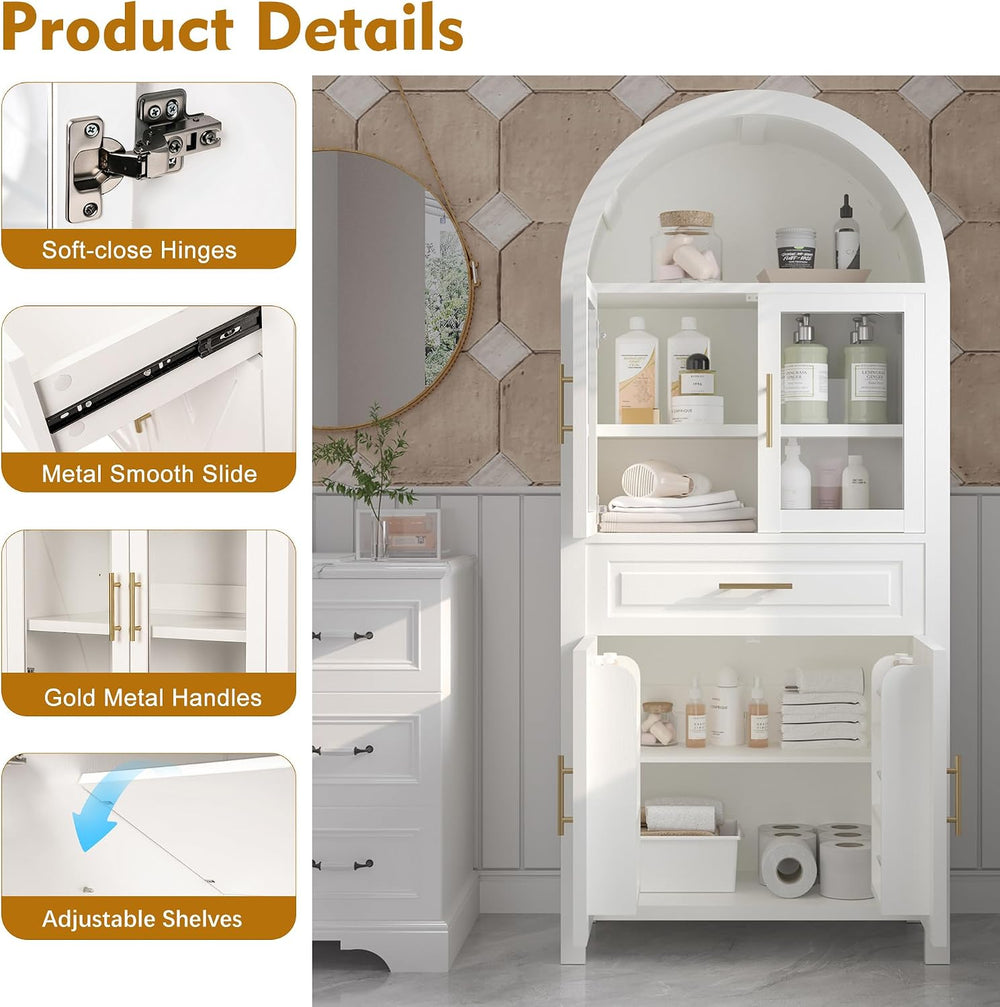 71" Tall Arched Kitchen Pantry Cabinet, Farmhouse Pantry Cabinet with Gl...