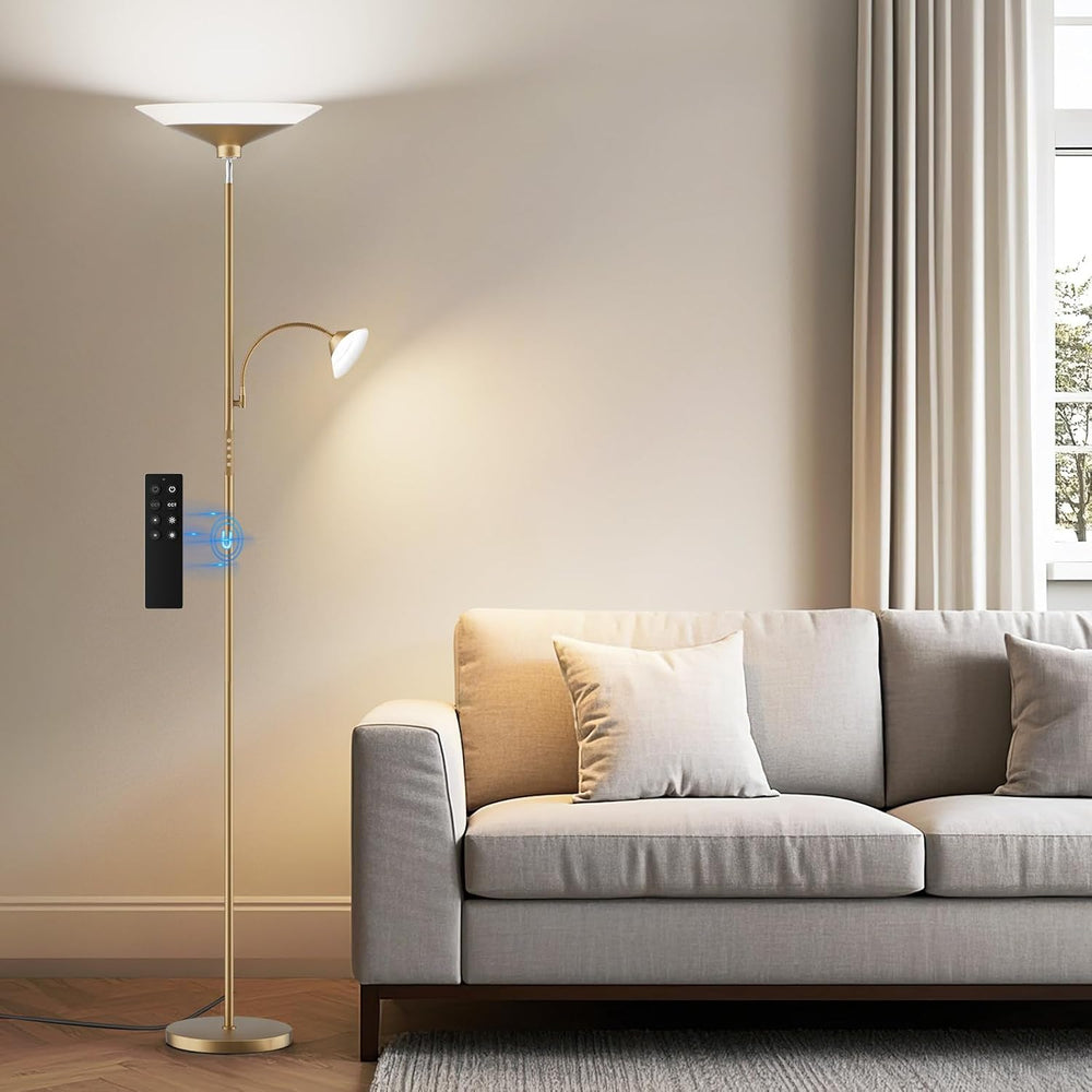SIBRILLE Gold Torchiere Floor Lamp - 2 Way LED Standing Lamp with Reading Lig...