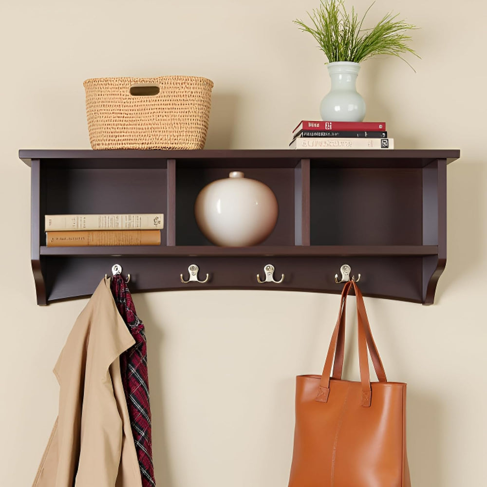 Alaterre Shaker Cottage Wall-Mounted Coat Rack with Cubbies, Chocolate, 36”