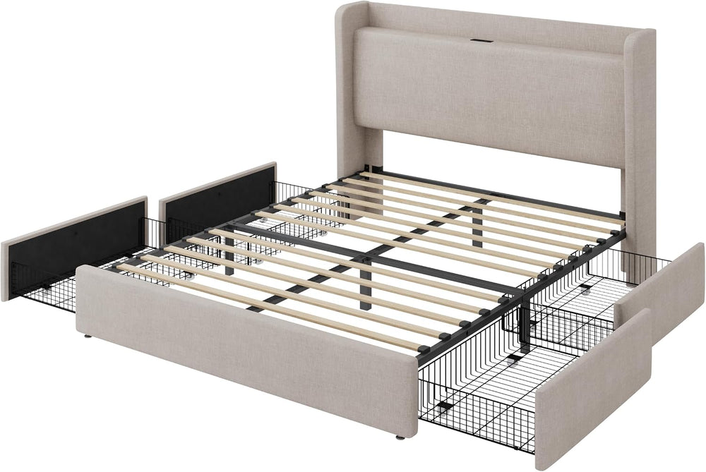 SHA CERLIN Queen Size Storage Bed Frame with 4 Oversized Drawers, Modern Wing...