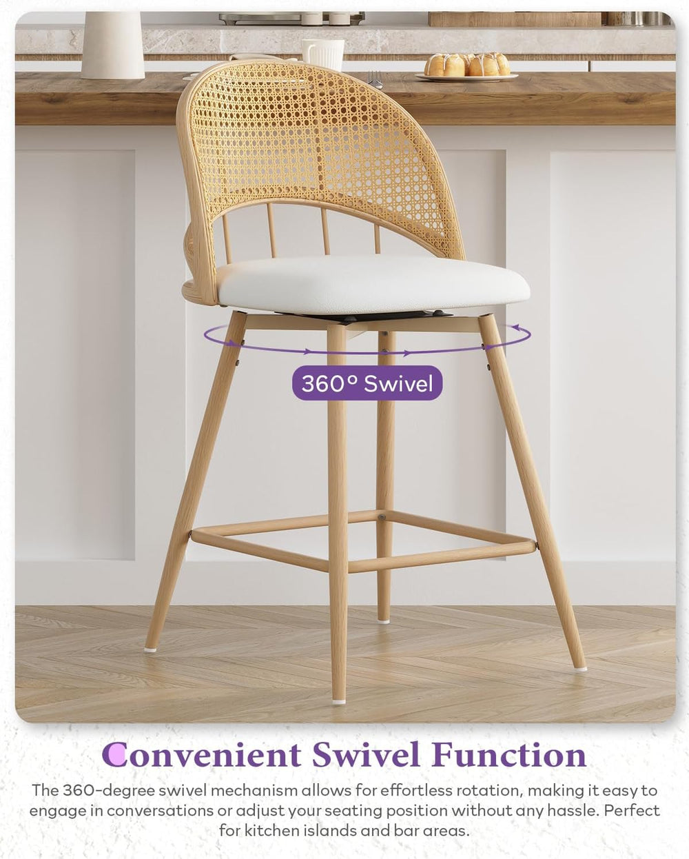 26'' Barstools Set of 4, Rattan Counter Height Swivel Stools for Kitchen