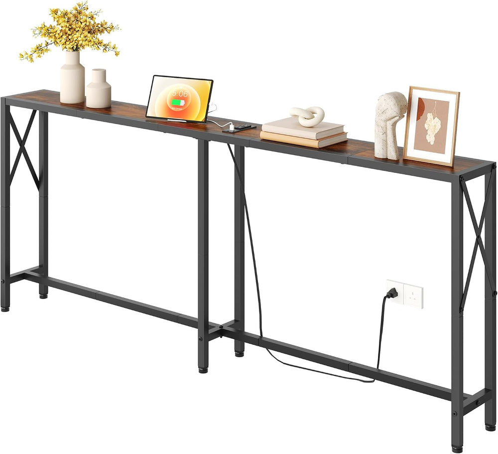 Gewudraw 70" Sofa Table Behind Couch with Oulets-Narrow Console Table,Br...