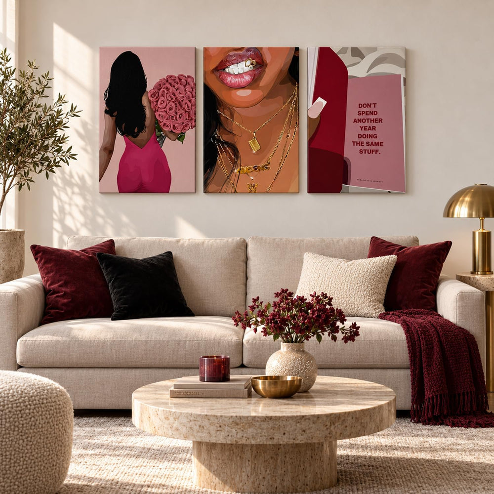 Pink Fashion Black Woman Canvas Wall Art Set of 3 African American Girl Wall ...