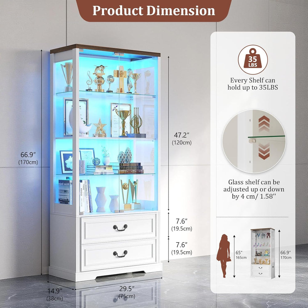 FREDEES 4-Tier Glass Display Cabinet with 2 Drawers