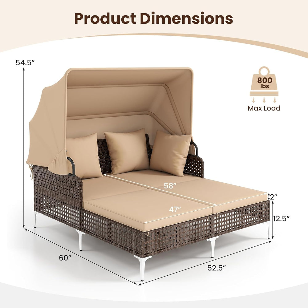 Tangkula Outdoor Rattan Daybed with Retractable Canopy, Boho Patio Wicker Sun...
