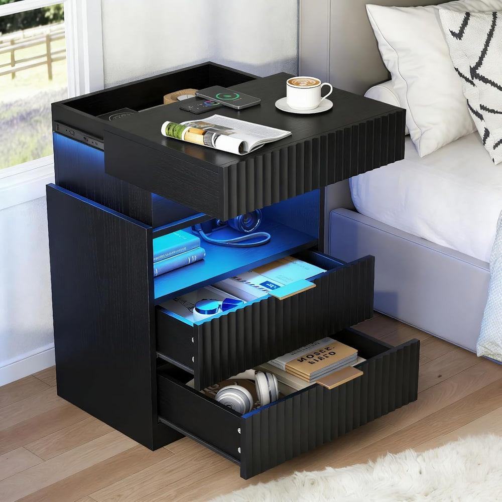 Night Stand with Wireless Charging Station, Black Bedside Table with Hidden G...