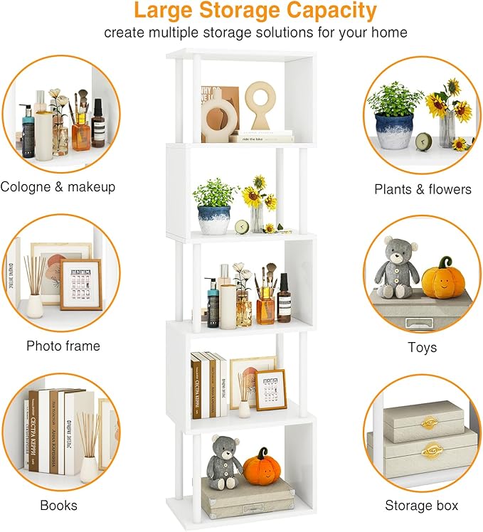 IBUYKE 6-Tier Tall Bookshelf,S-Shaped Geometric Bookcase, Wood Display Shelve...