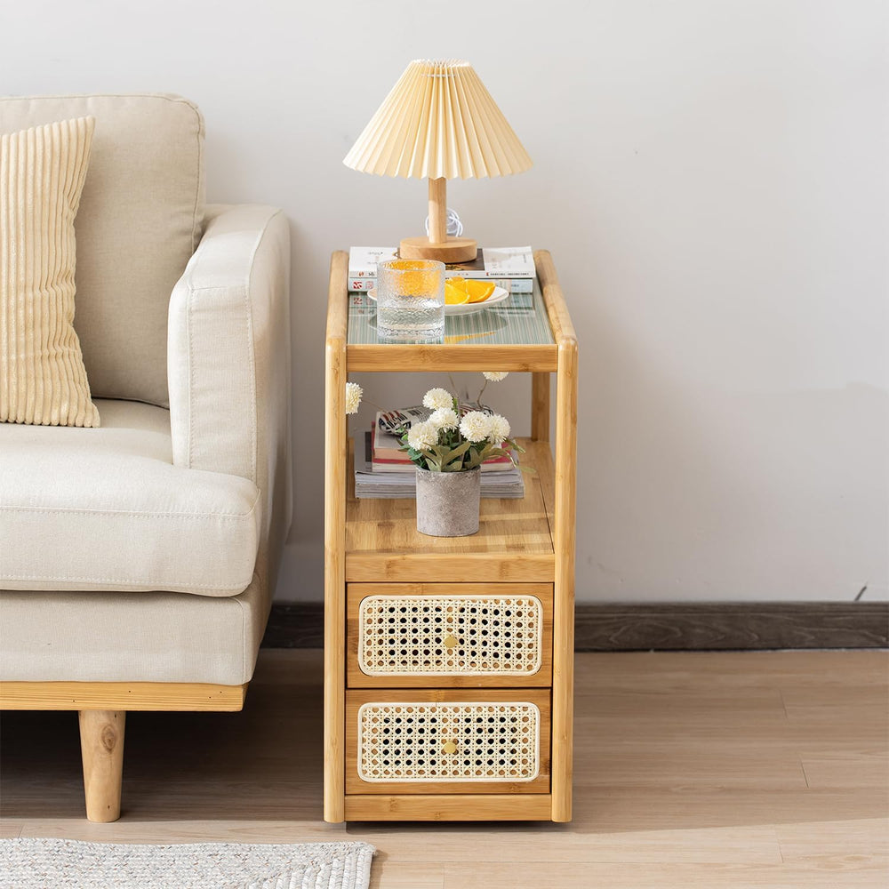 Bamboo & Rattan Side Table with Glass Top – 2-in-1 End Table and Bedside ...