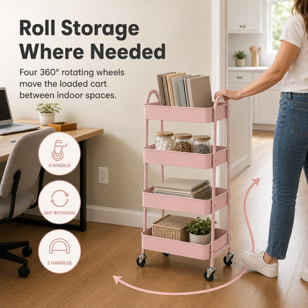 Simple Deluxe 4-Tier Rolling Utility Cart, Metal, 12.32 x 17.91 x 40.35, Pink...