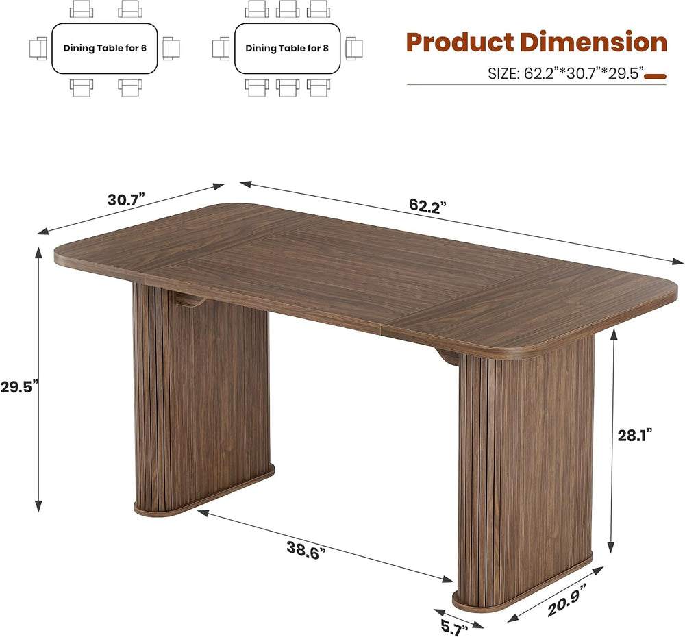 GarveeHome 62 Inch Table - Set for 6-8 People, Wooden Kitchen Table with Gril...