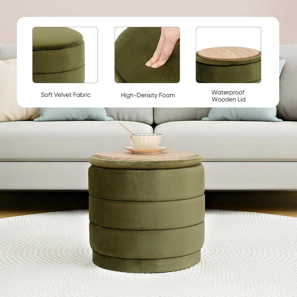 15.4" Round Velvet Storage Ottoman with Reversible Lid, Upholstered Circ...